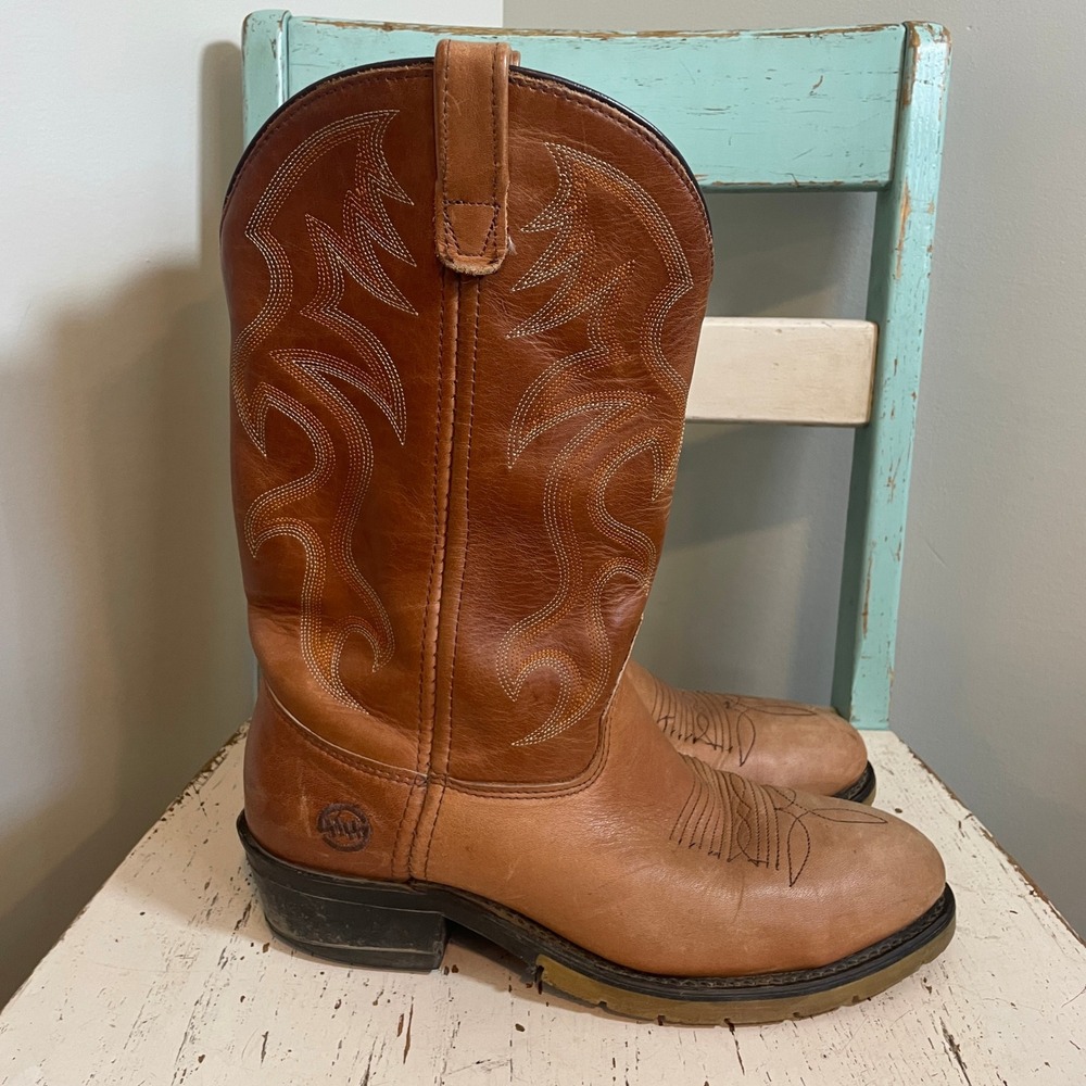 Double-H AG7 Work Western Boots Mens 9 D Tan Leather Round Toe 1595 USA Cowboy